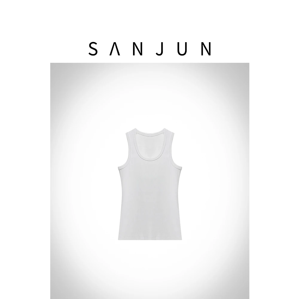 SanJun定制棉感竖坑条纹简约圆领宽边窄肩背心上衣  23880