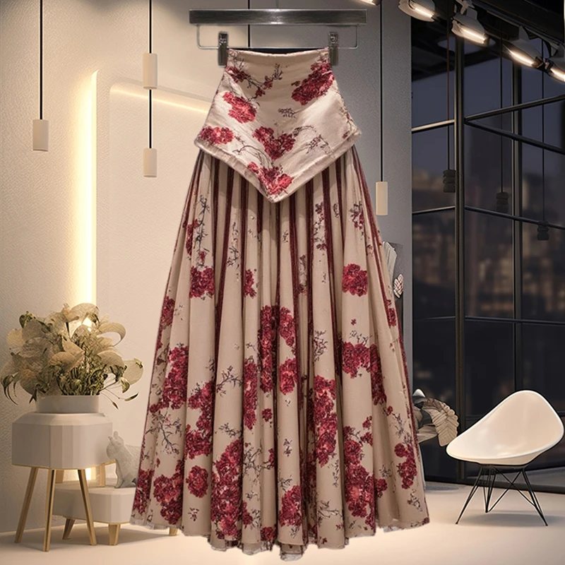 复古洋气玫瑰印花高腰半身裙女装2025夏季新款高腰减龄超仙长裙潮