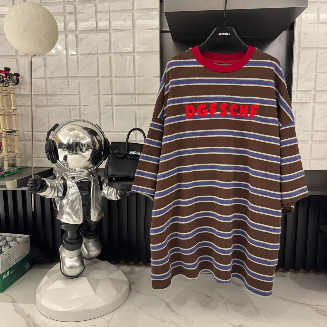 【红蓝&咖】女款秋冬潮牌字母撞色条纹圆领短袖T恤CP643