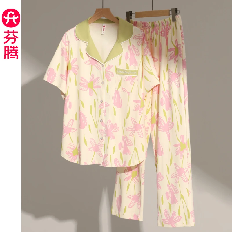 芬腾睡衣女2025新款夏季薄款纯棉宽松大码短袖长裤全棉家居服套装