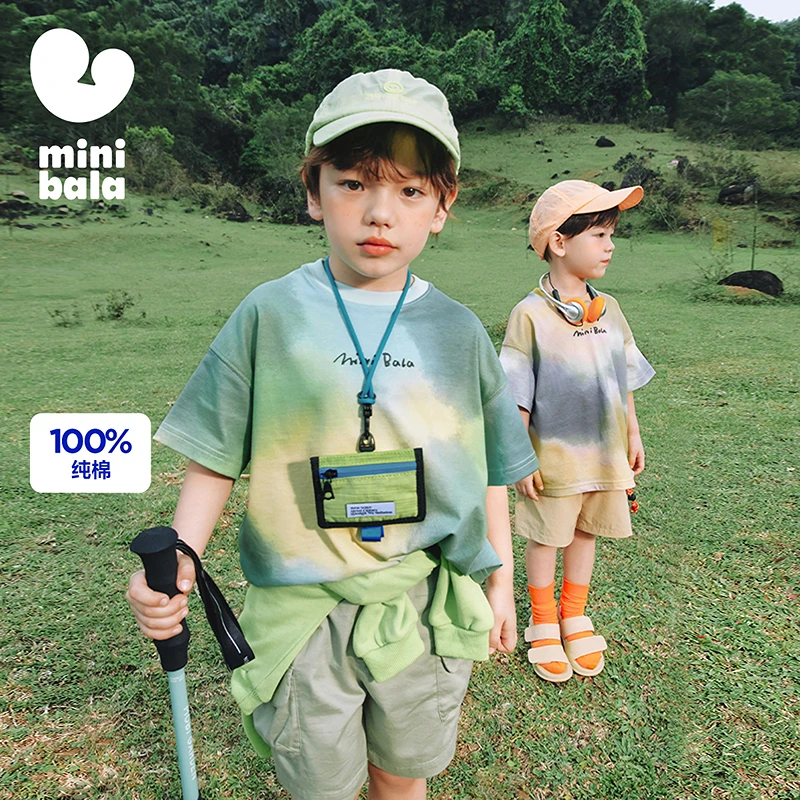 迷你巴拉男女童短袖透气夏T恤纯棉柔软儿童潮酷扎染上衣