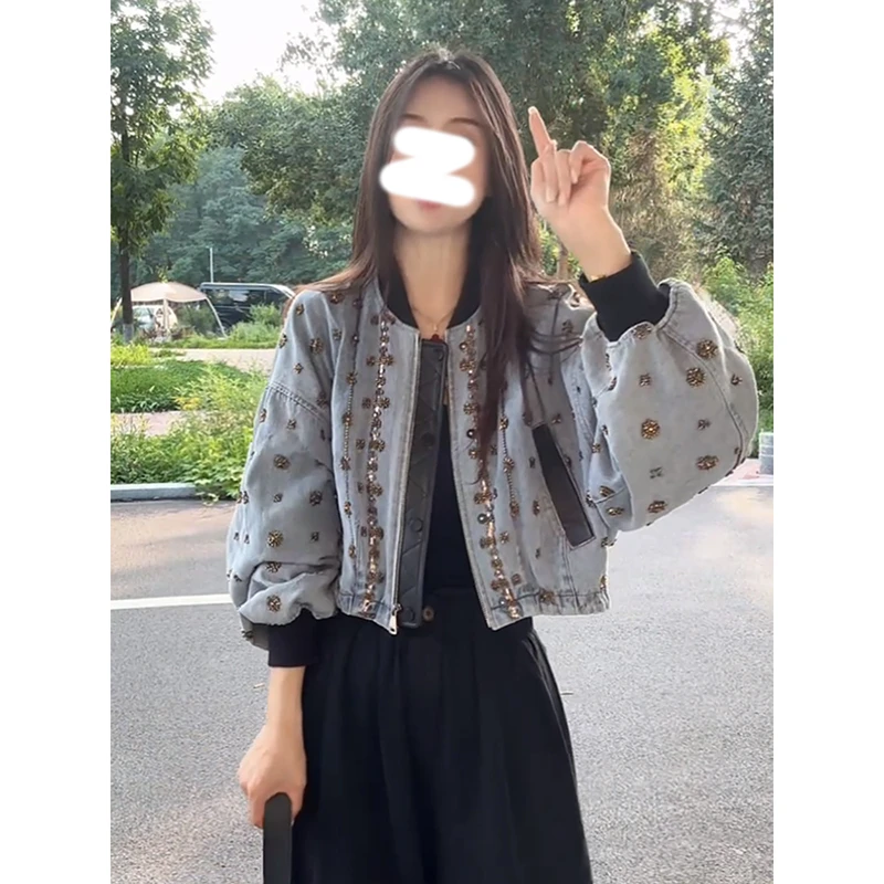 轻奢浪漫韩版休闲设计百搭新款2025早秋感显瘦拼接时尚皮外套牛仔