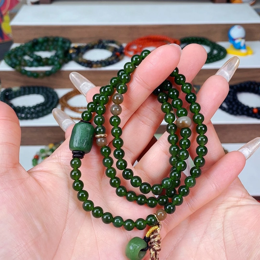 和田玉6mm新疆碧玉枣珠设计款三圈未镶嵌