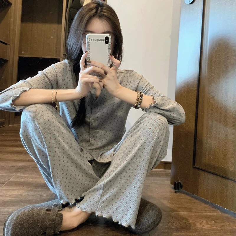 韩版甜美少女碎花圆领开衫睡衣女春秋2025新款休闲大码家居服套装