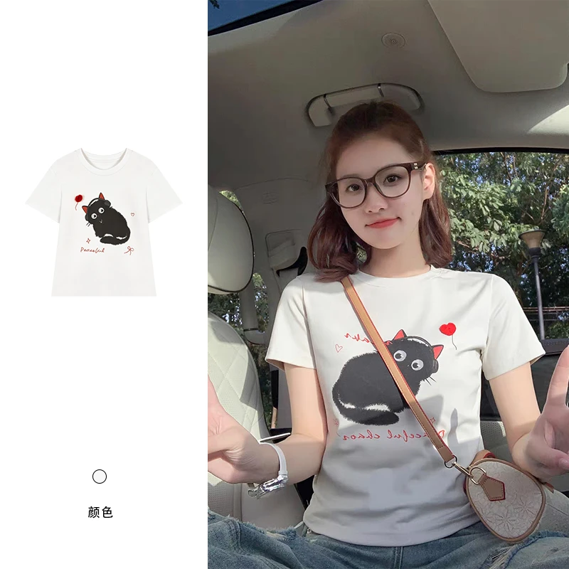 现货【卡通猫咪印花短袖t恤女时尚圆领上衣 H041】