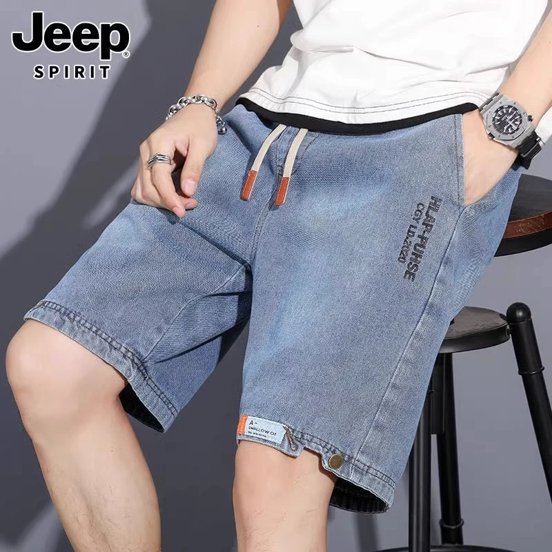 jeep吉普牛仔短裤男士夏薄款美式高街潮牌宽松阔腿直筒中裤五分裤