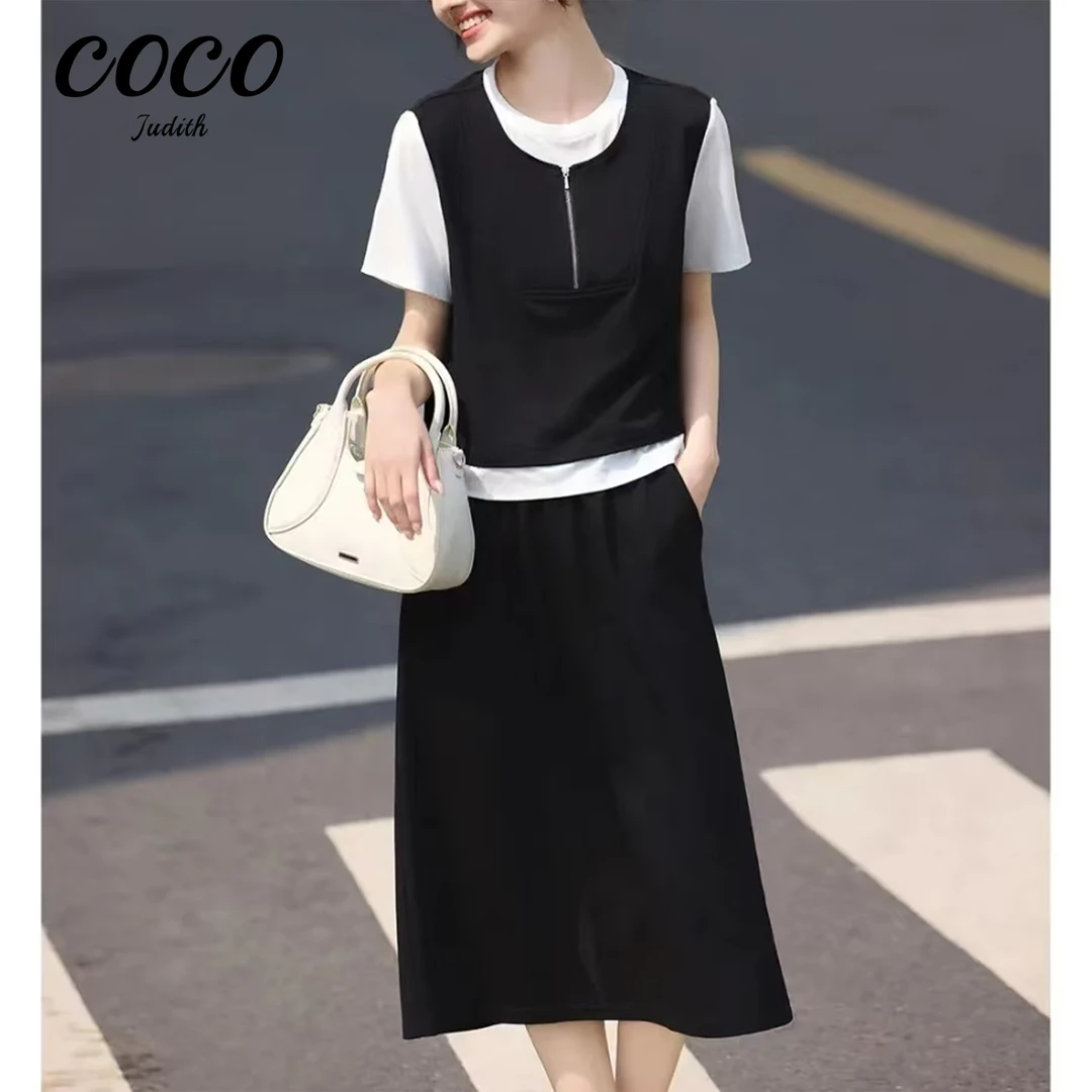 【RG6906】2025新款夏季时尚气质百搭休闲减龄设计师拼接显瘦套装