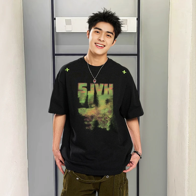 美式复古重磅宽松刺绣T恤男短袖夏季新款欧若风高街半袖体恤上衣