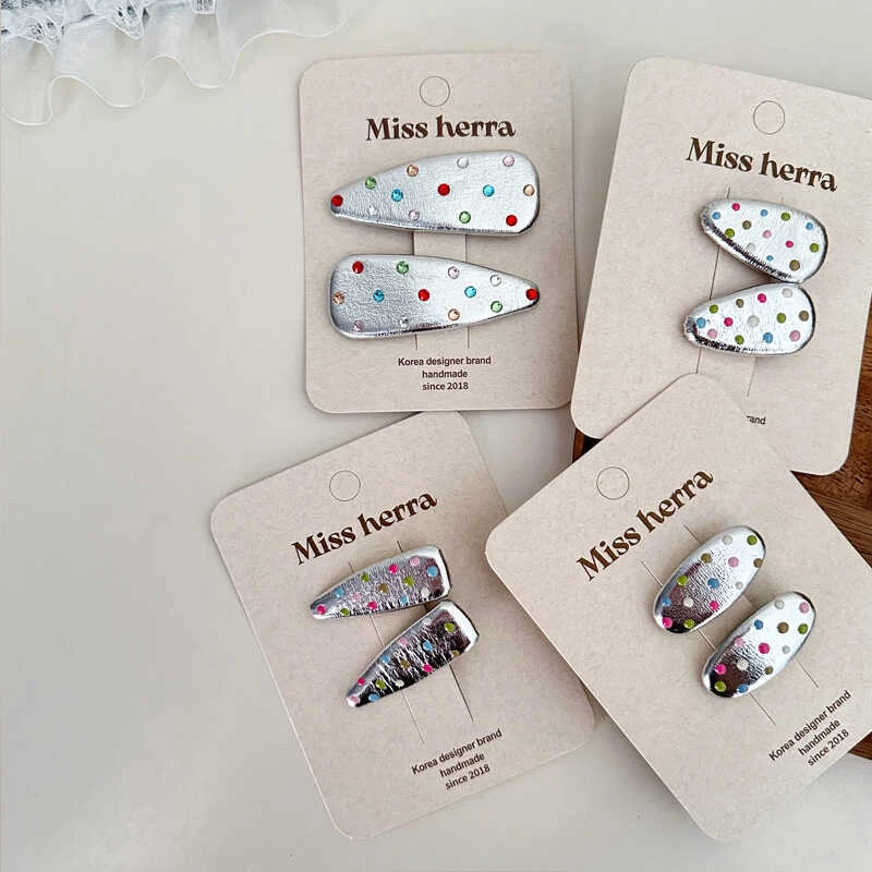 韩版甜酷皮质银色彩色波点发夹对装碎发刘海夹少女发卡子