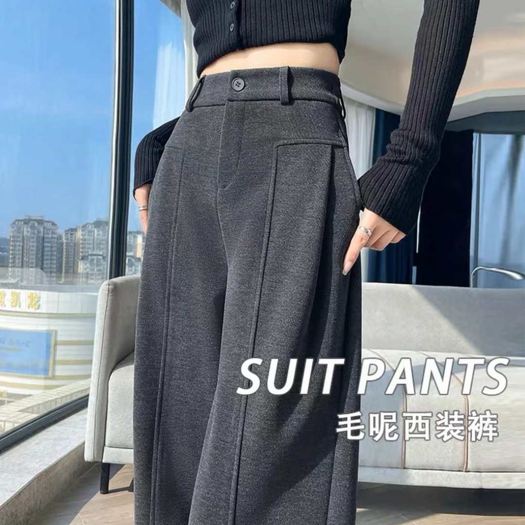 【羊绒蚕丝+运费险】2025秋冬阔腿女裤休闲加厚绒直筒裤窄版毛呢裤