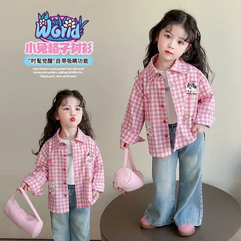 女童衬衫2025新款儿童潮韩版格子上衣洋气宝宝春秋季卡通长袖衬衣