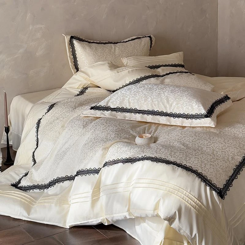 轻奢法式100支长绒棉四件套提花被套全棉蕾丝花边1.8m床上用品