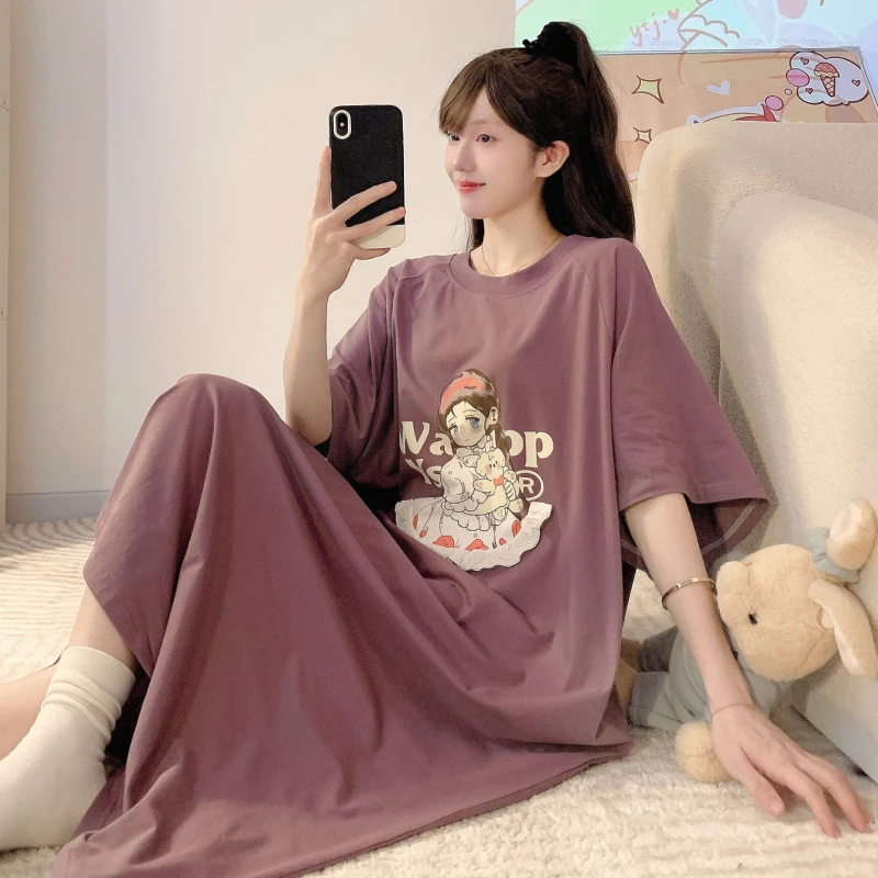 全棉睡裙女超大码夏季新款卡通100%纯棉短袖宽松家居服睡衣可外穿
