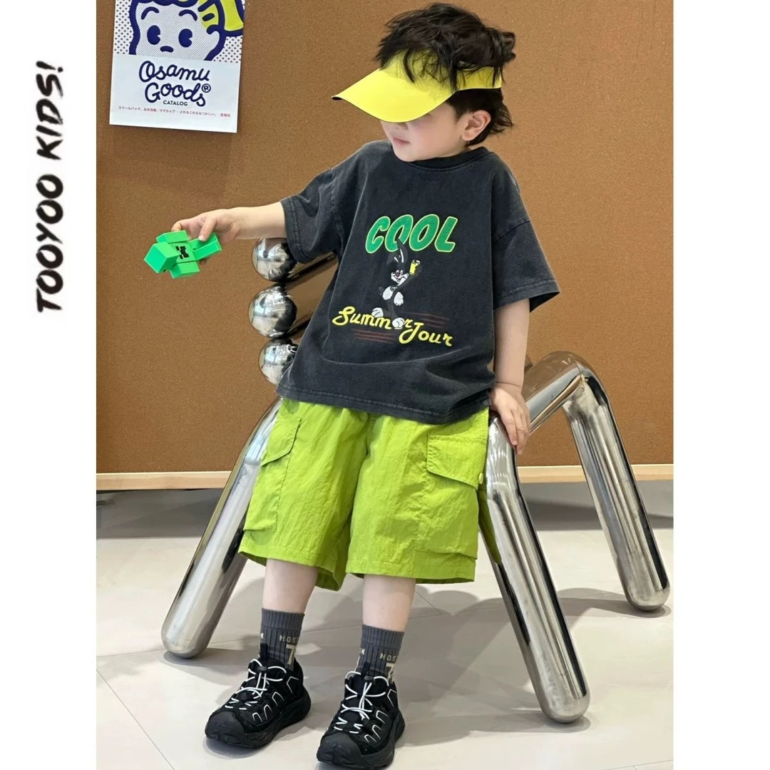 儿童短袖套装夏季新款洋气时尚做旧短袖百搭亮色工装短裤套装 BB