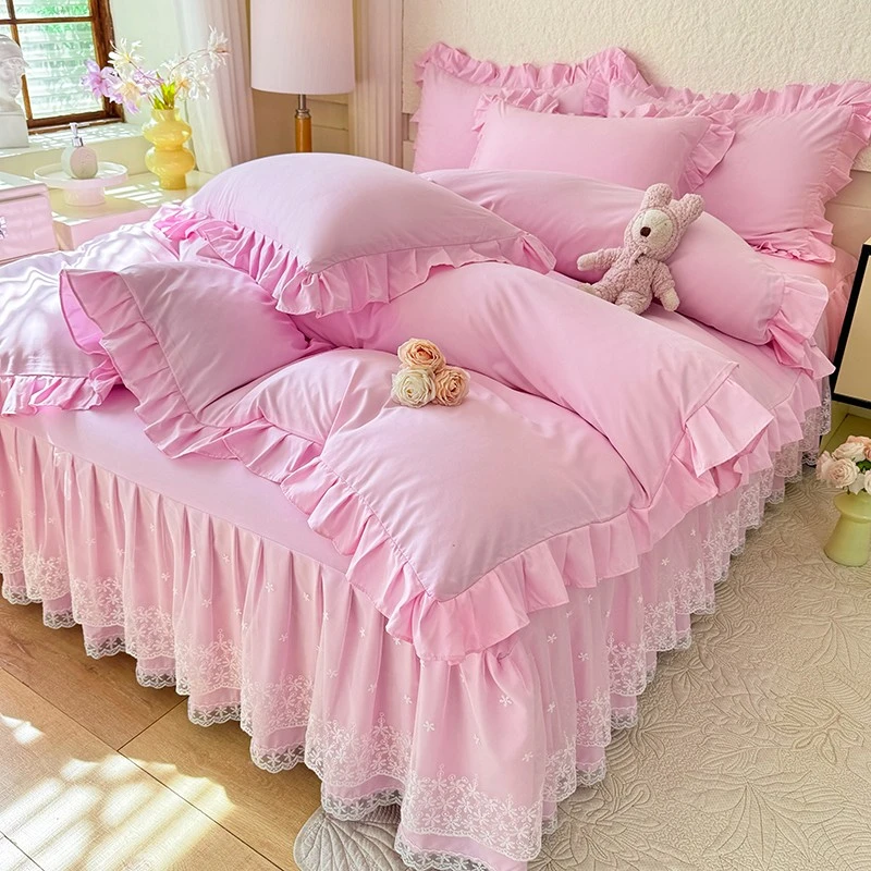 韩版公主风四件套双层蕾丝花边床裙被套四季通用床上用品套件新款