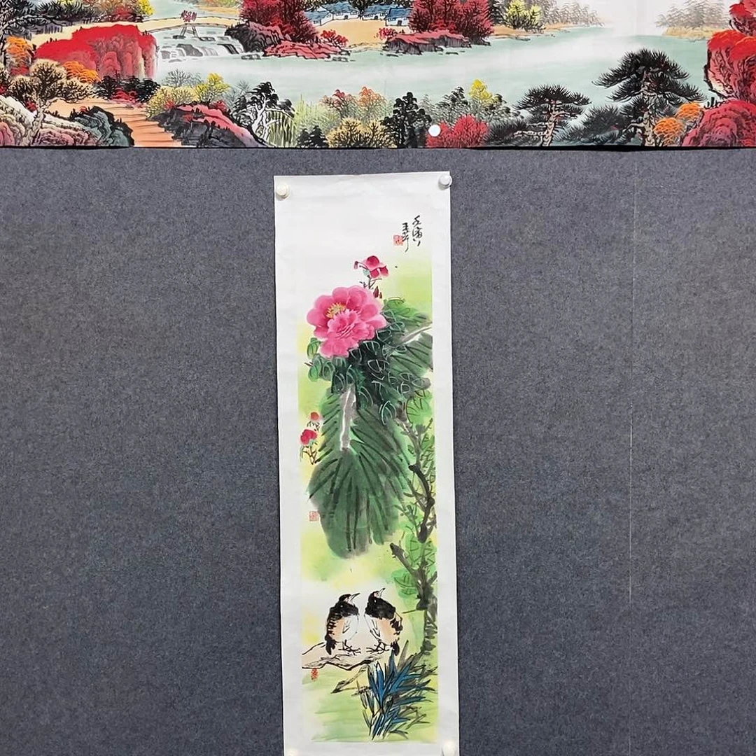 国画四尺对开花鸟一幅
