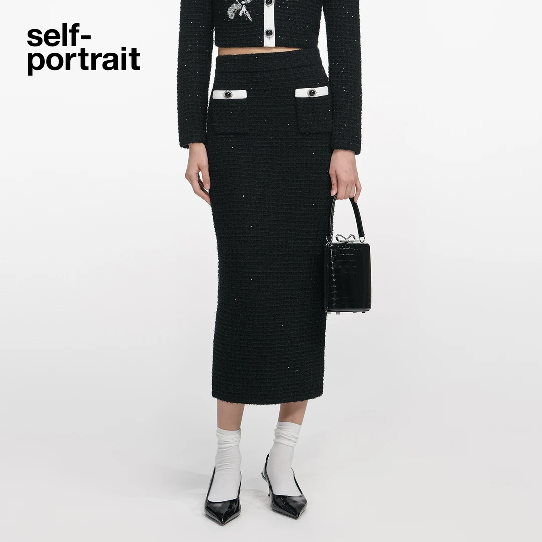 self-portrait 2025秋冬新款经典黑千金风撞色亮片针织半身裙长裙