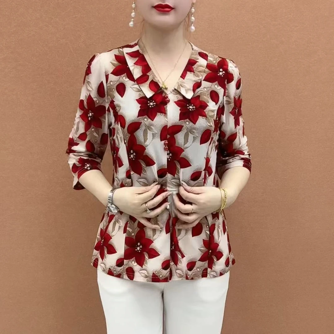 2025夏季新款娃娃领波点7分袖显瘦百搭上衣6688