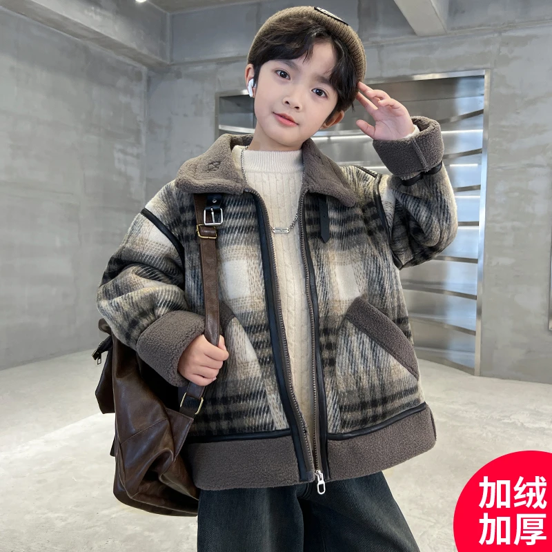男童羊羔绒外套秋冬款2025新款冬季加绒加厚中大儿童男孩冬装棉服