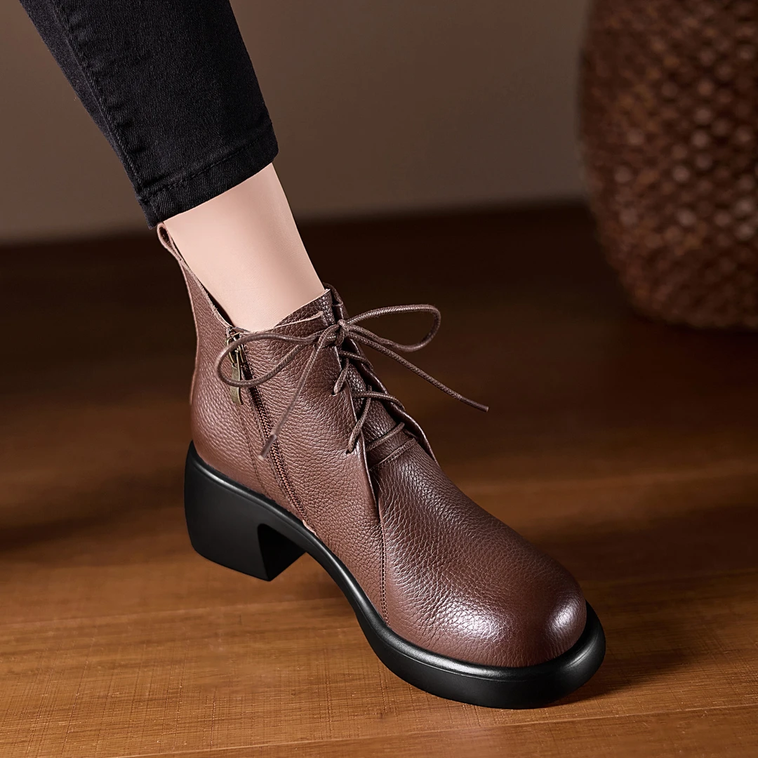 6.5cm粗跟短靴头层牛皮休闲系带马丁靴小个子厚底切尔西靴机车靴