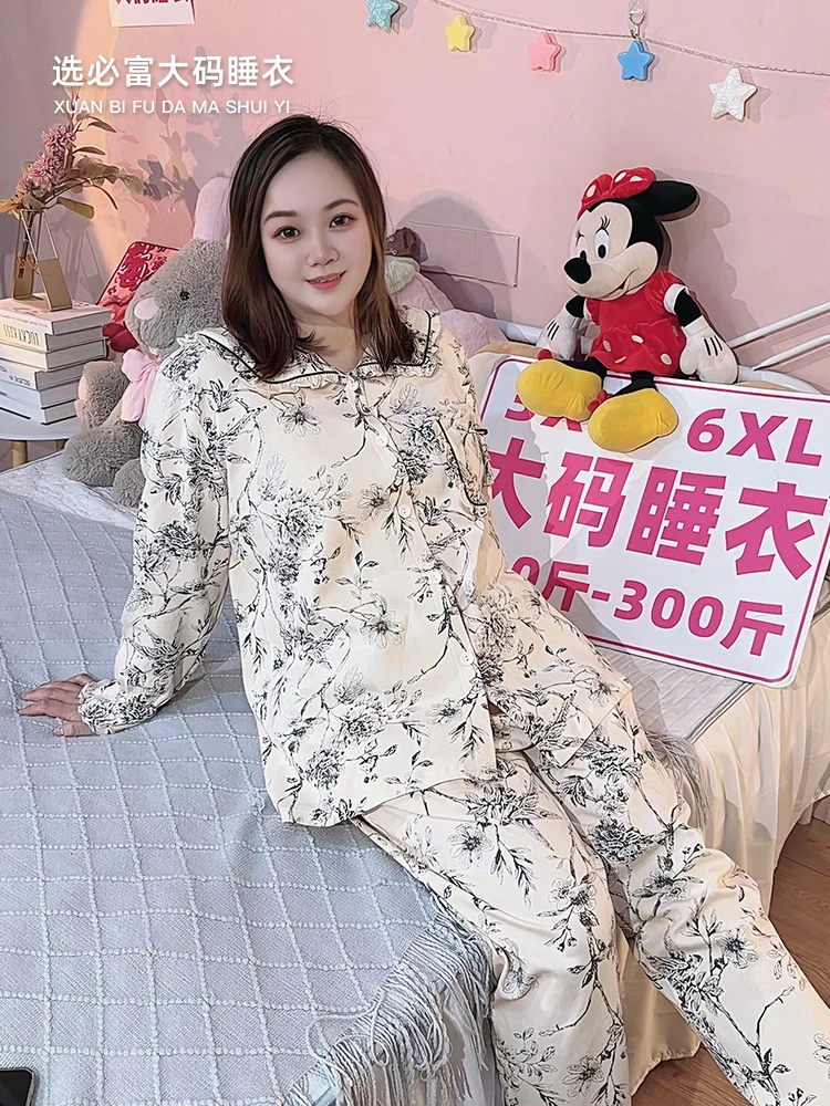 100%棉胖mm纯棉大码睡衣200斤女士加肥加大墨水画碎花长袖家居服