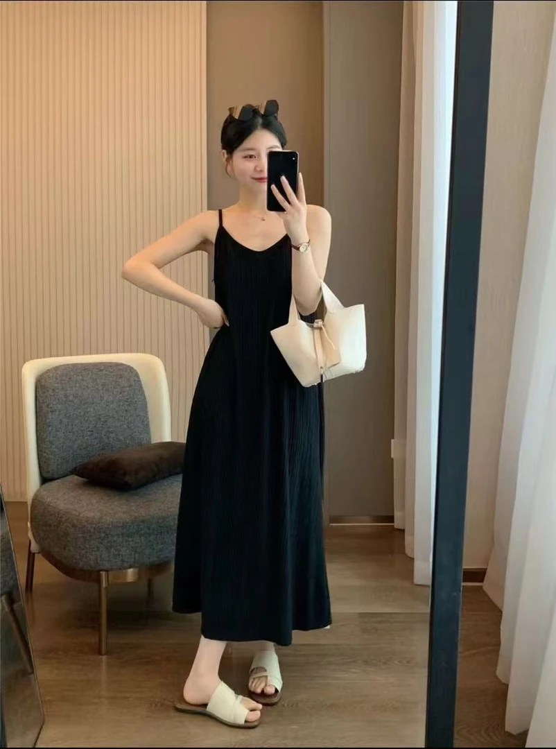 【沐安甄选】连衣裙女夏韩版气质高级垂感小个子吊带显瘦纯色长裙