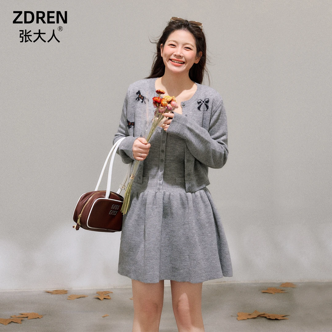 张大人【韩阀小千金】大码女装微胖妹妹28支北极提花蝴蝶结毛织套装