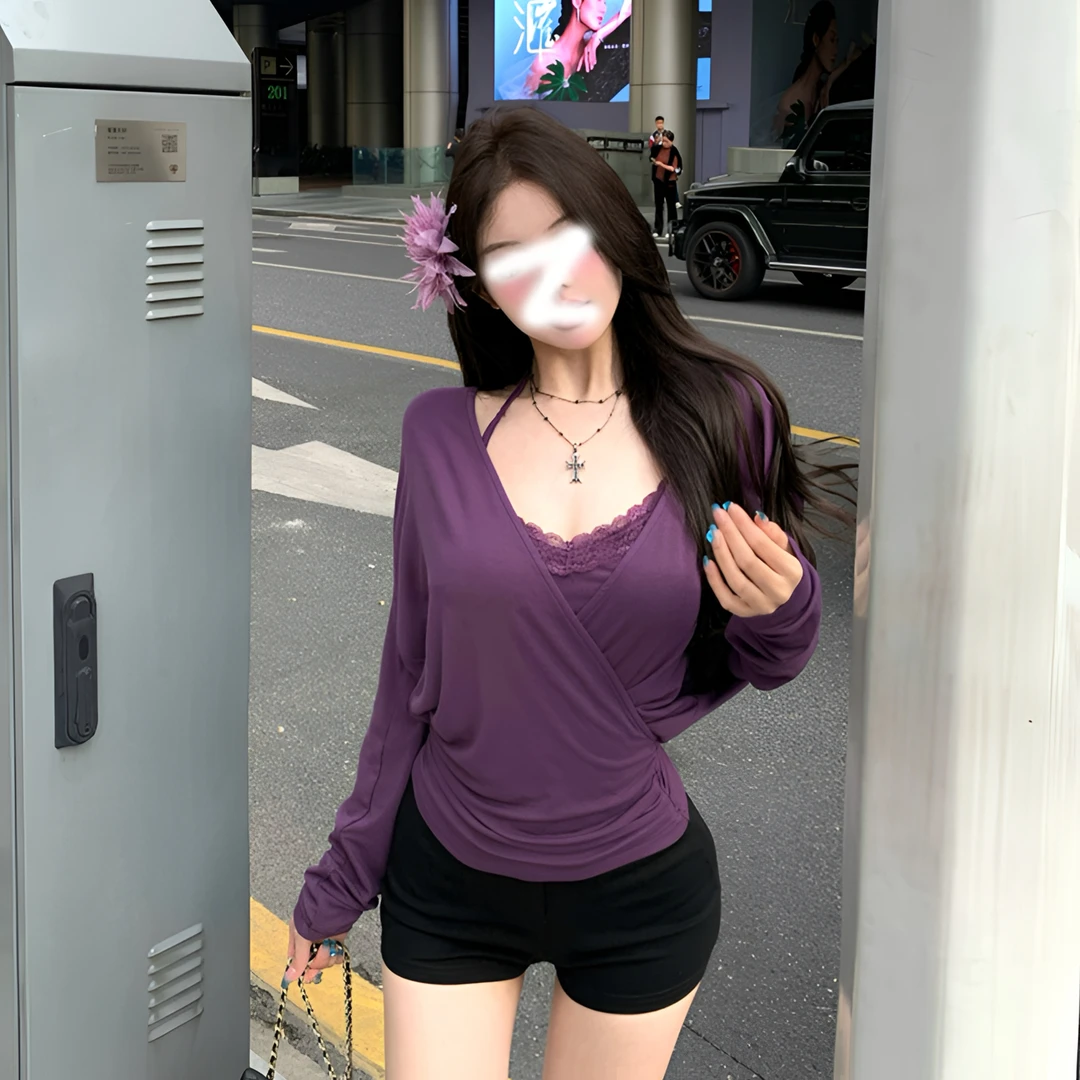 Maycaur春季纯欲大领口V领收腰长袖上衣蕾丝挂脖吊带两件套设计感