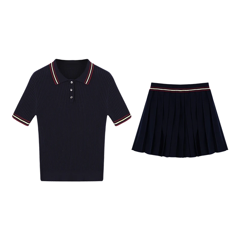 【售完不补】POLO衫短袖百褶半身裙两件套女春季新款显瘦套装H30019