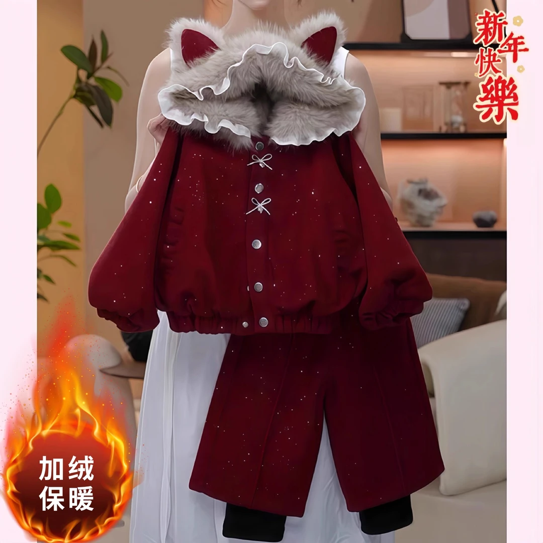女童冬季套装2026新款儿童加绒加厚猫耳蝴蝶结上衣拜年服两件套潮