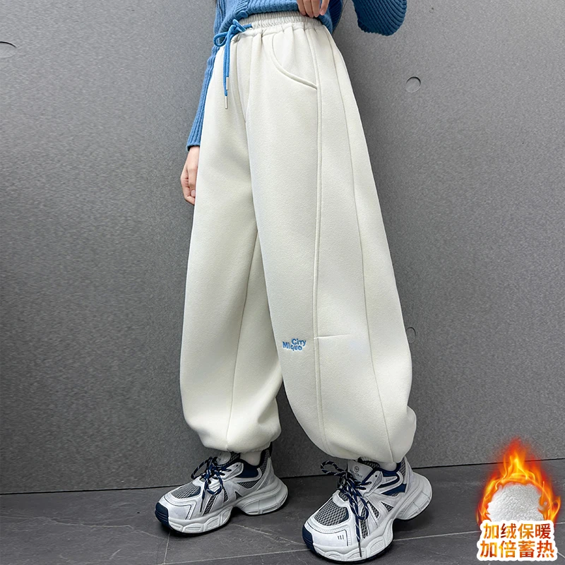 小女孩女童加厚卫裤洋气6-12岁弯刀裤加绒裤子中大儿童休闲束脚裤