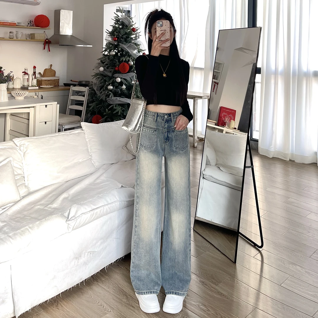 【送腰带】2025年春季新款高腰浅蓝色百搭设计感遮胯显瘦直筒裤