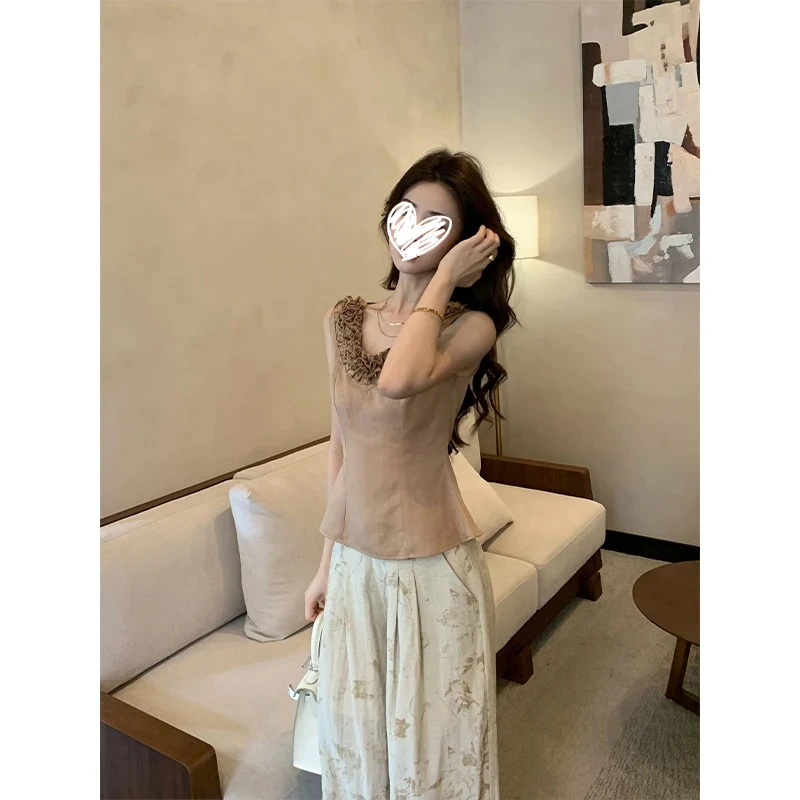 洋气衣服女2025夏季小众气质木耳边收腰上衣复古休闲阔腿裤套装女