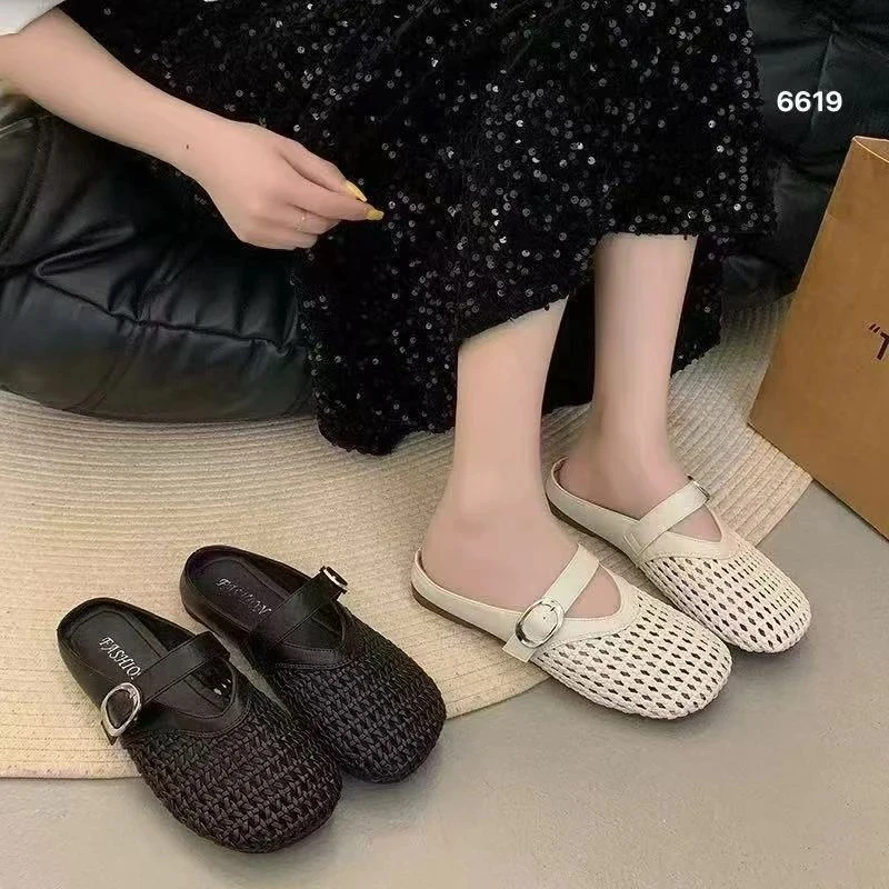 小施家夏季镂空平底百搭包头半拖鞋6619