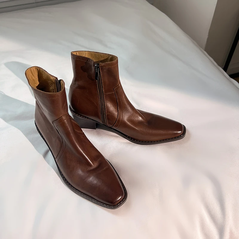 高档舒适百搭气质时尚水洗头层牛皮复古做旧手工小个子粗跟短靴潮