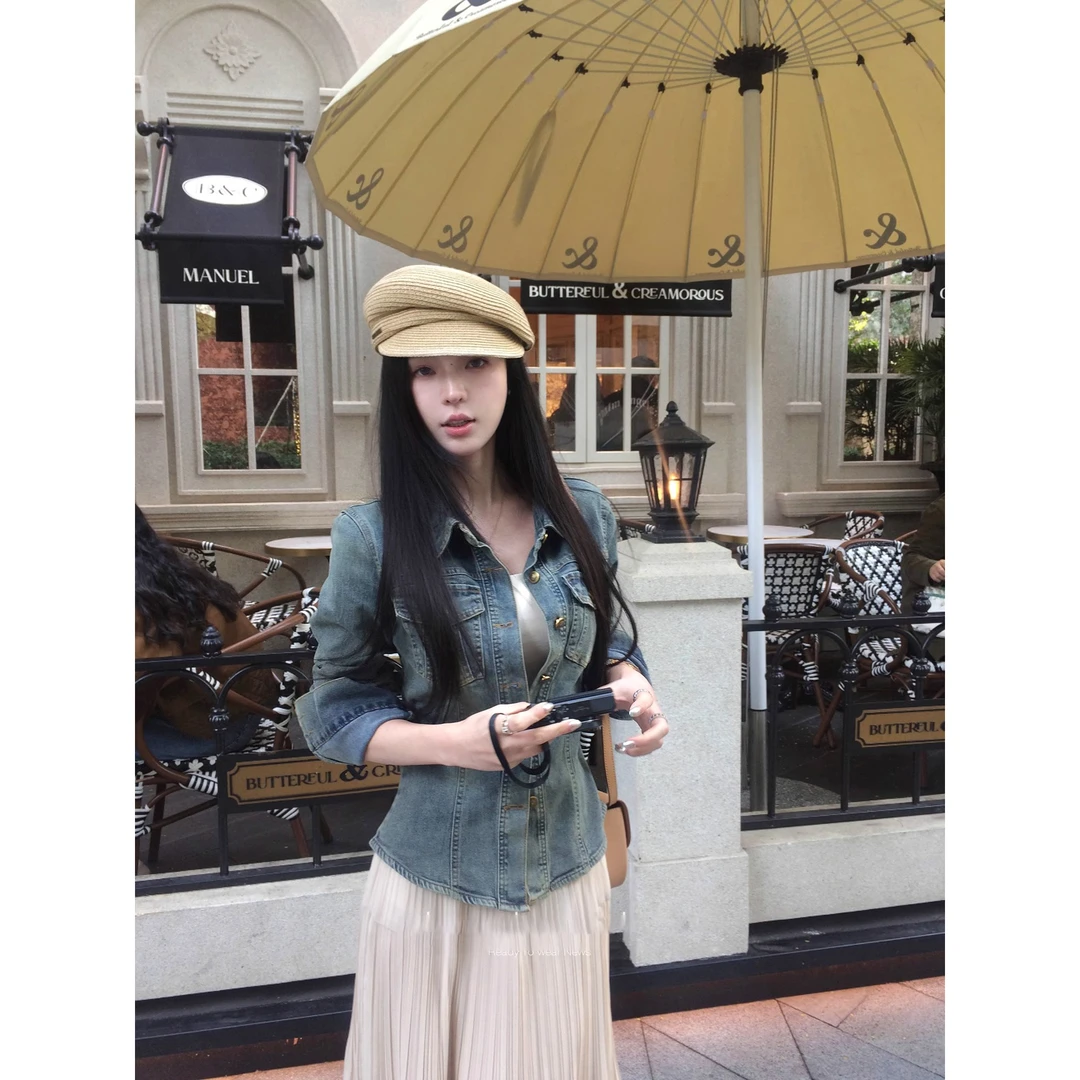 港风复古正肩修身收腰牛仔衬衫外套女早秋显瘦设计感短款夹克上衣