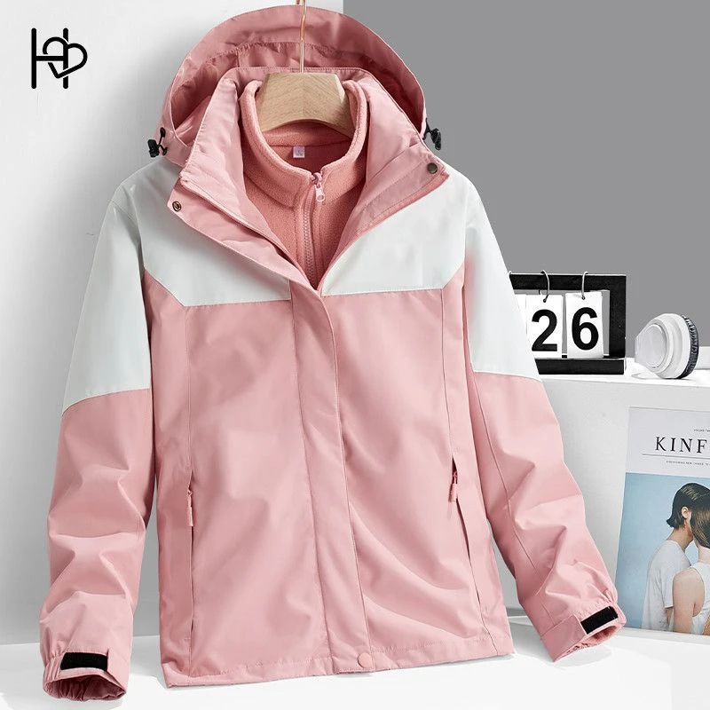 春秋户外防水三合一冲锋衣女加肥大码加绒加厚防风保暖登山外套