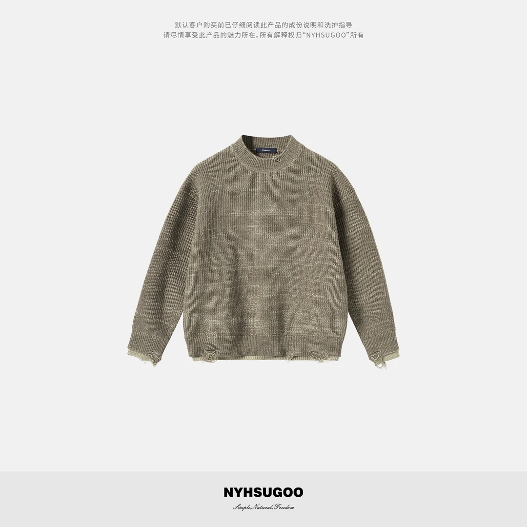 NYHSUGOO/南乙冬季圆领假两件版型破洞元宝针织法55091男士毛衣