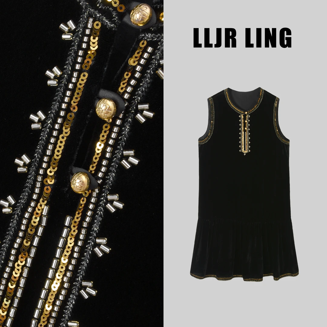 【莹莹】黑色高级感财阀千金风真丝绒女重工钉珠高贵裙253488