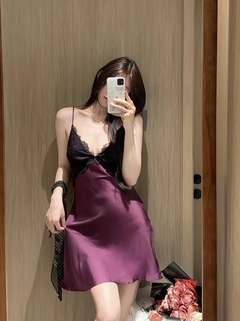 美背性感深V领吊带长裙夏季法式长袍蕾丝睡裙女收腰显瘦可外穿