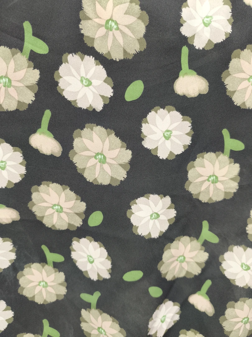 弹力双绉黑底粉色团花时装面料3881