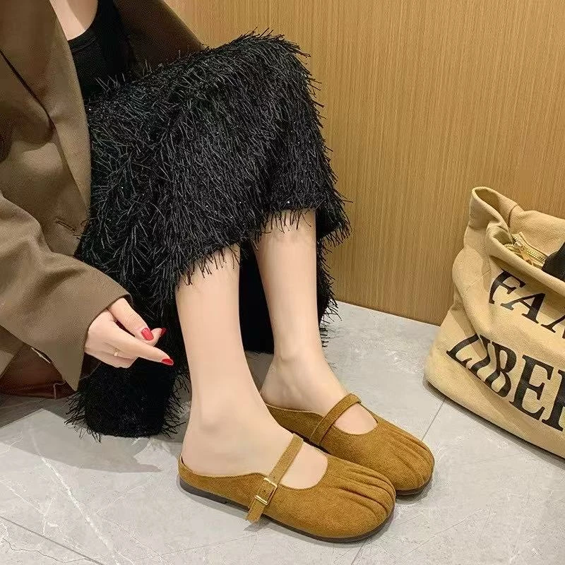 法式百搭舒适褶皱包头半拖鞋春夏温柔风玛丽珍鞋