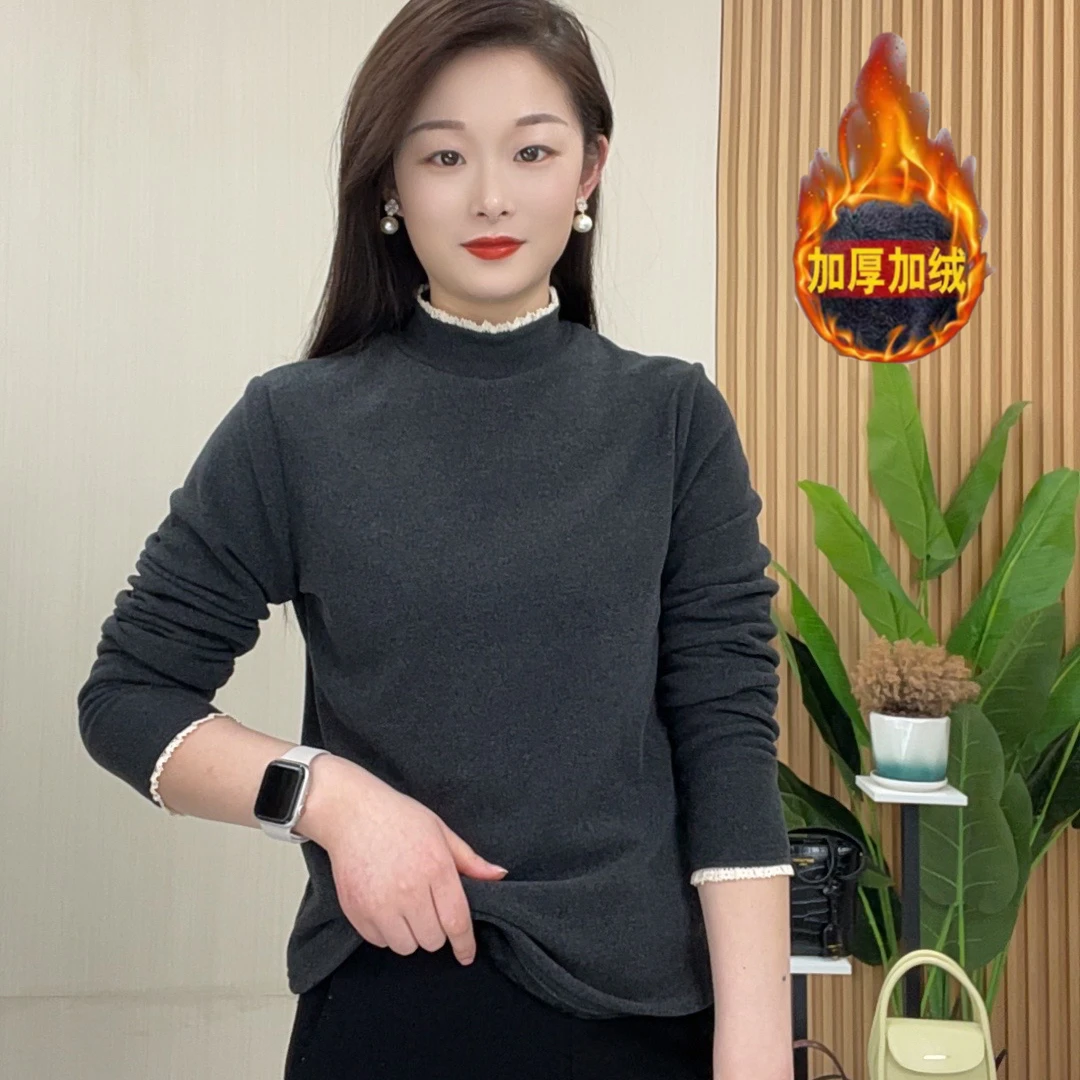 【加绒加厚】时尚洋气纯色保暖打底衫舒适百搭上衣冬季半领小衫 907