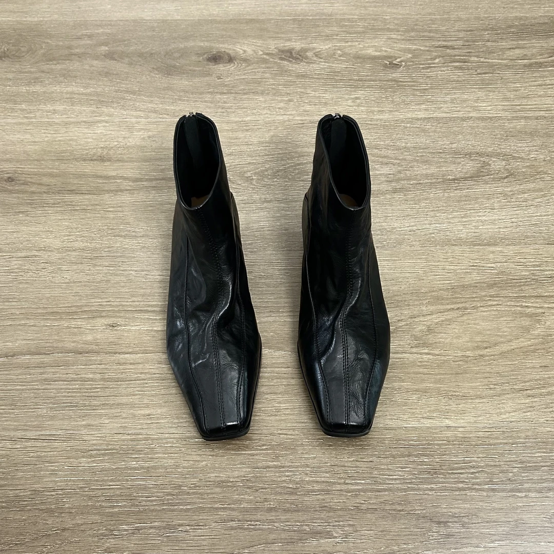 Dannyfrey复古手抓纹头层水洗羊皮方头短筒靴小众极简风切尔西靴