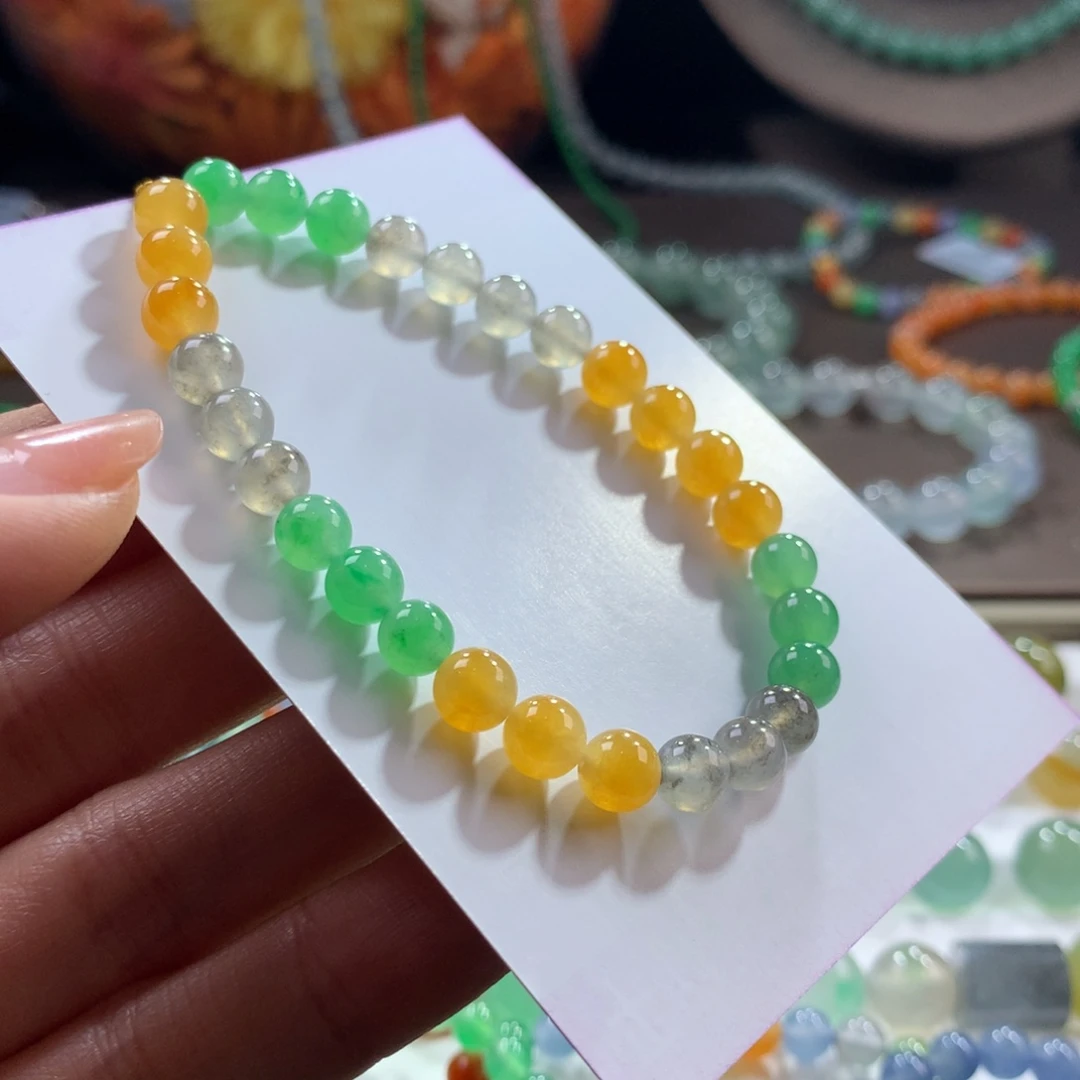 翡翠未镶嵌手链冰润复古色黄加绿卡6-6.3