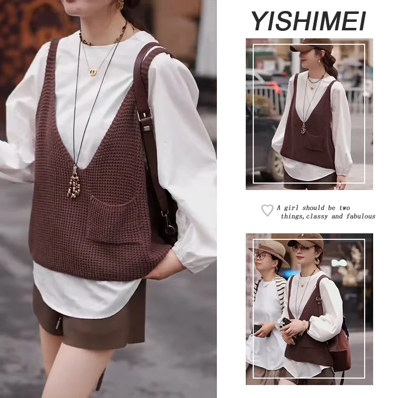 秋季时尚穿搭2025年新款韩系百搭长袖上衣针织马甲高腰短裤三件套