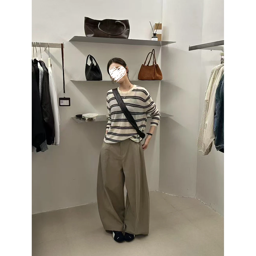 韩系条纹宽松长袖T恤上衣女+显瘦百搭阔腿休闲裤 60585