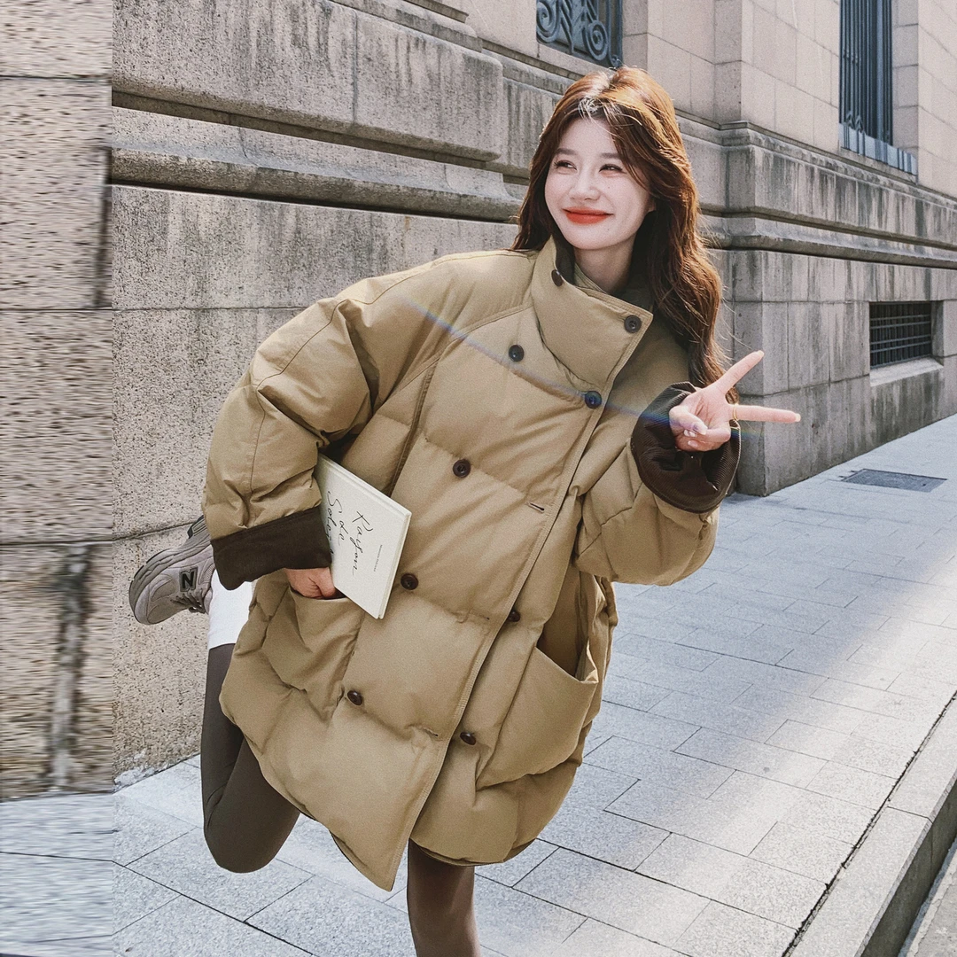 卡其色撞色羽绒服女小个子中长款2025冬新款巨好看的90绒工装外套