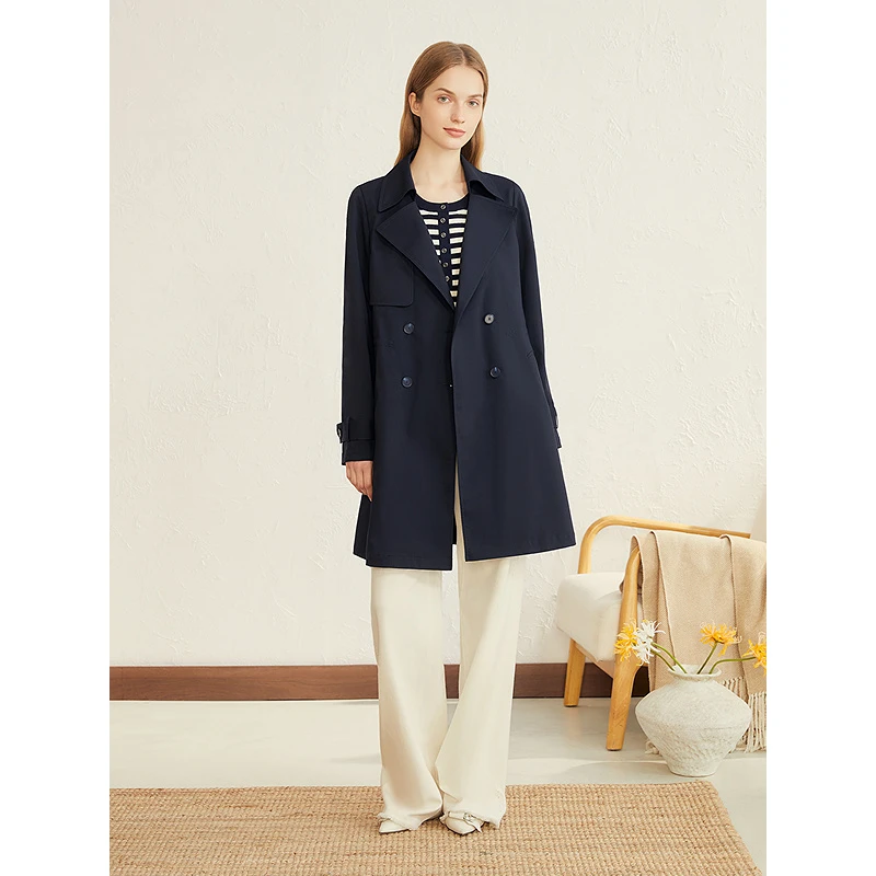 YINER音儿专选2025秋季新款醋酸翻领双排扣风衣外套8C65307016