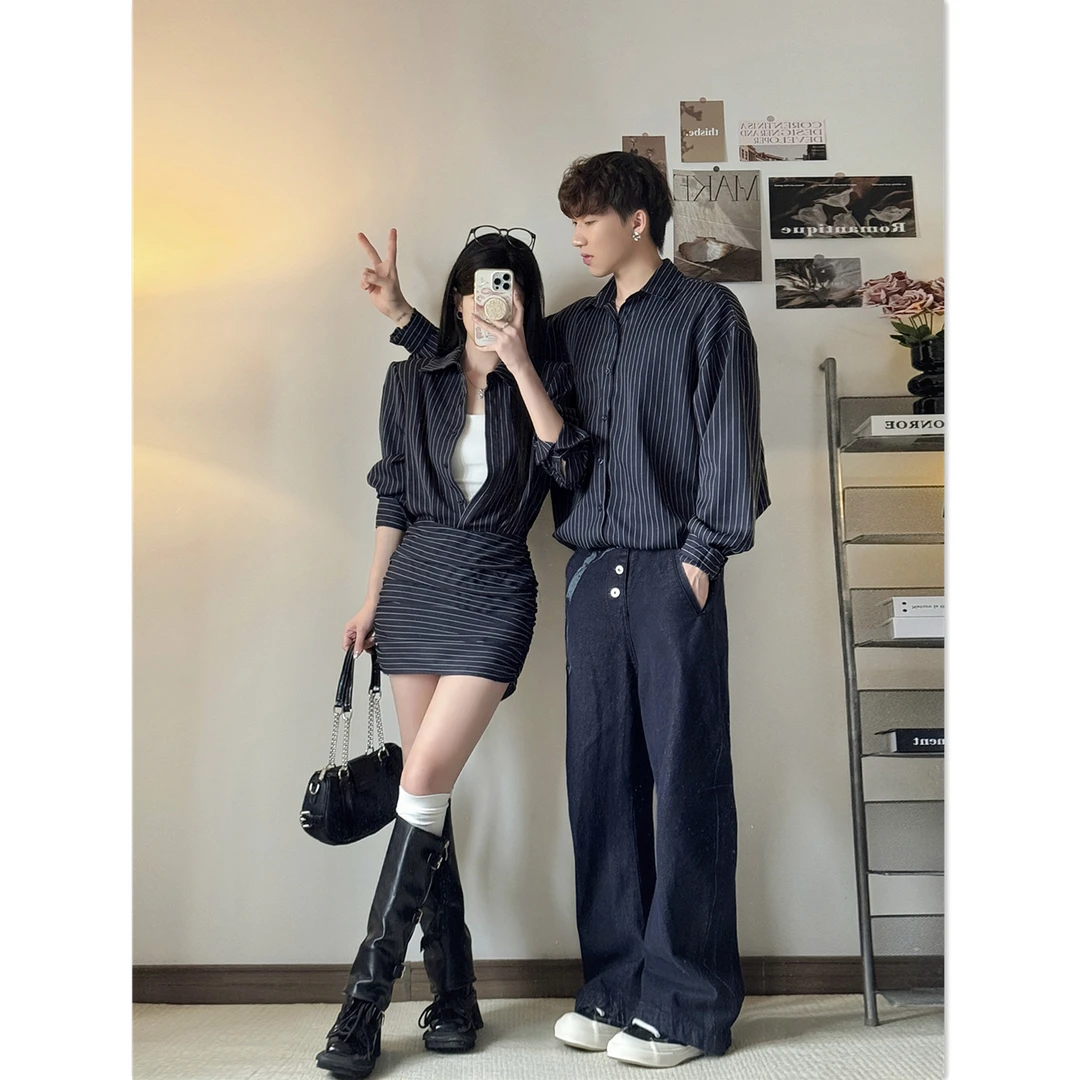 小众设计感情侣装春秋季2025韩版长袖衬衫女连衣裙法式一裙一衣潮